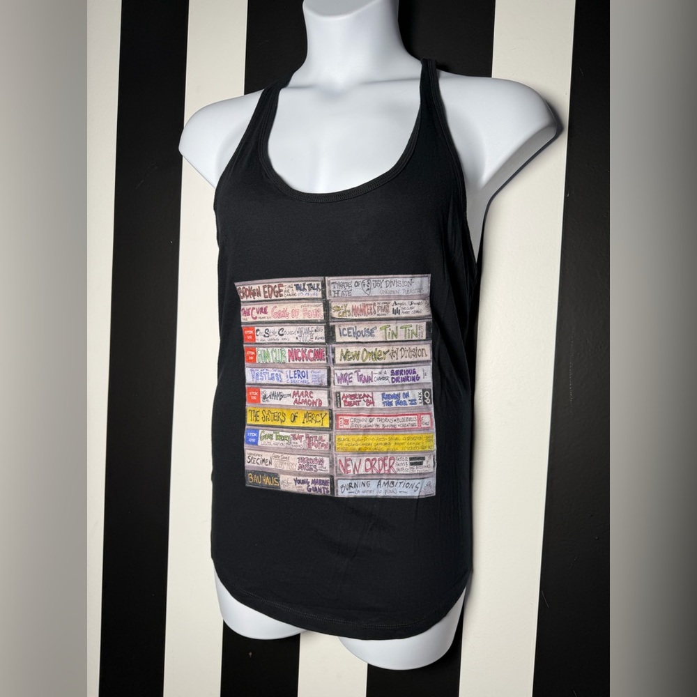 Women’s Black Graphic Racerback Tank Top - 80’s New Wave Band Cassette Print XXL